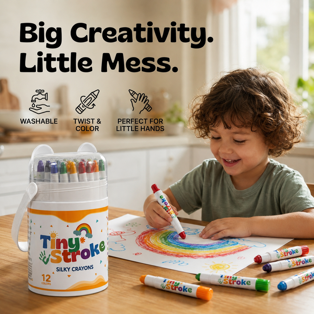 Child drawing a rainbow with washable twist-up crayons and a storage case
