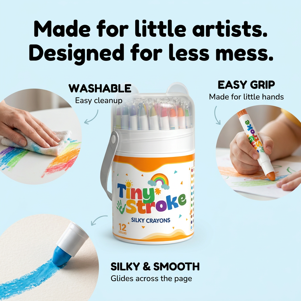 Washable crayon set showing the grip, smooth coloring tip and cleanup features
